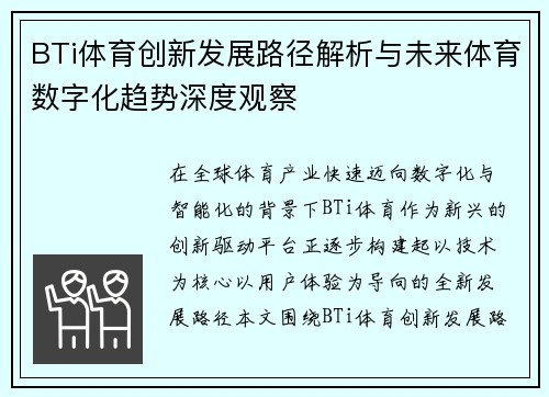 BTi体育创新发展路径解析与未来体育数字化趋势深度观察